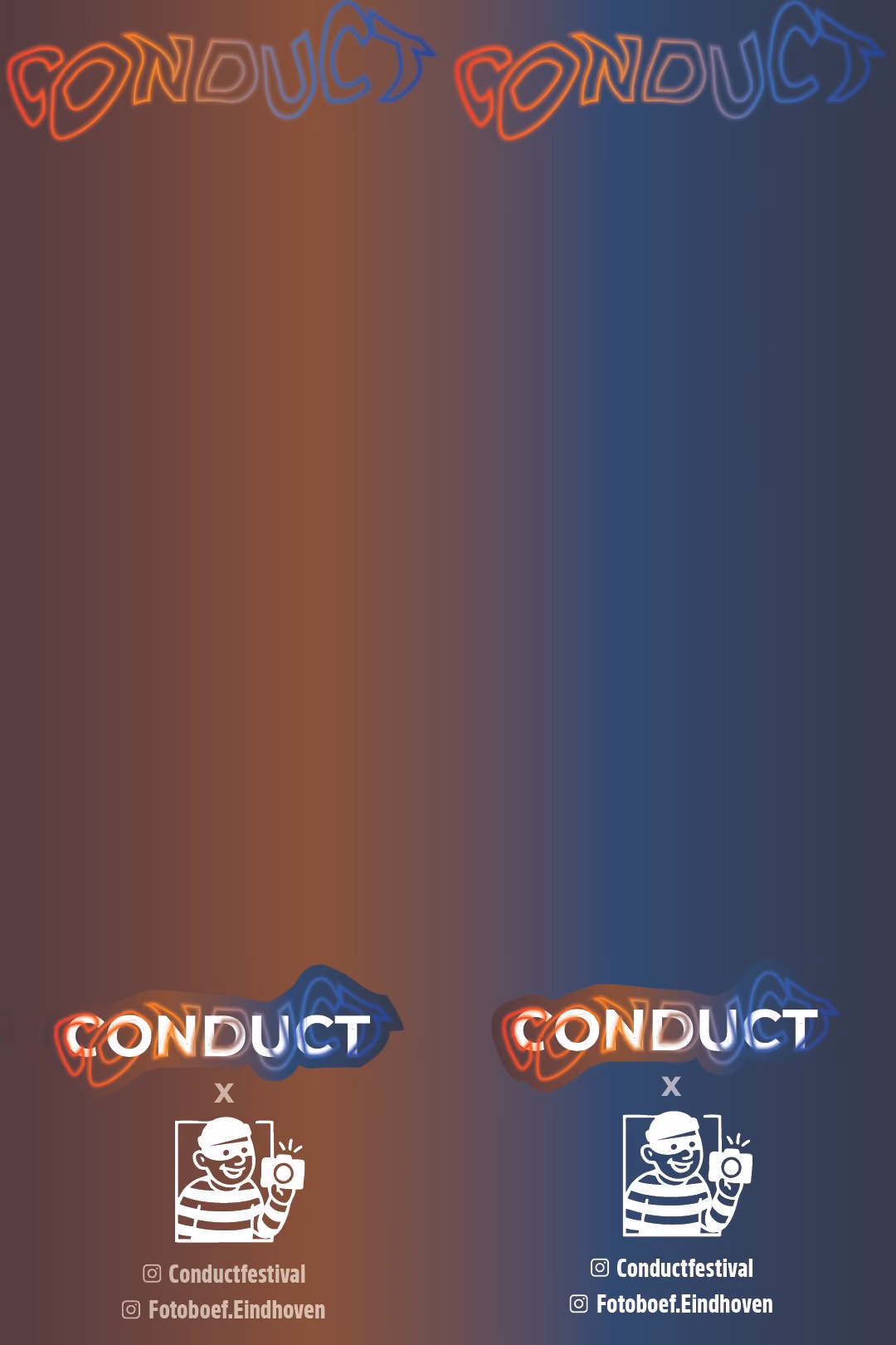 Voorbeeld Conduct festival: Verloop van oranje naar blauw met neonletters Conduct, en onderin Conduct x Fotoboef met Instagram-namen.