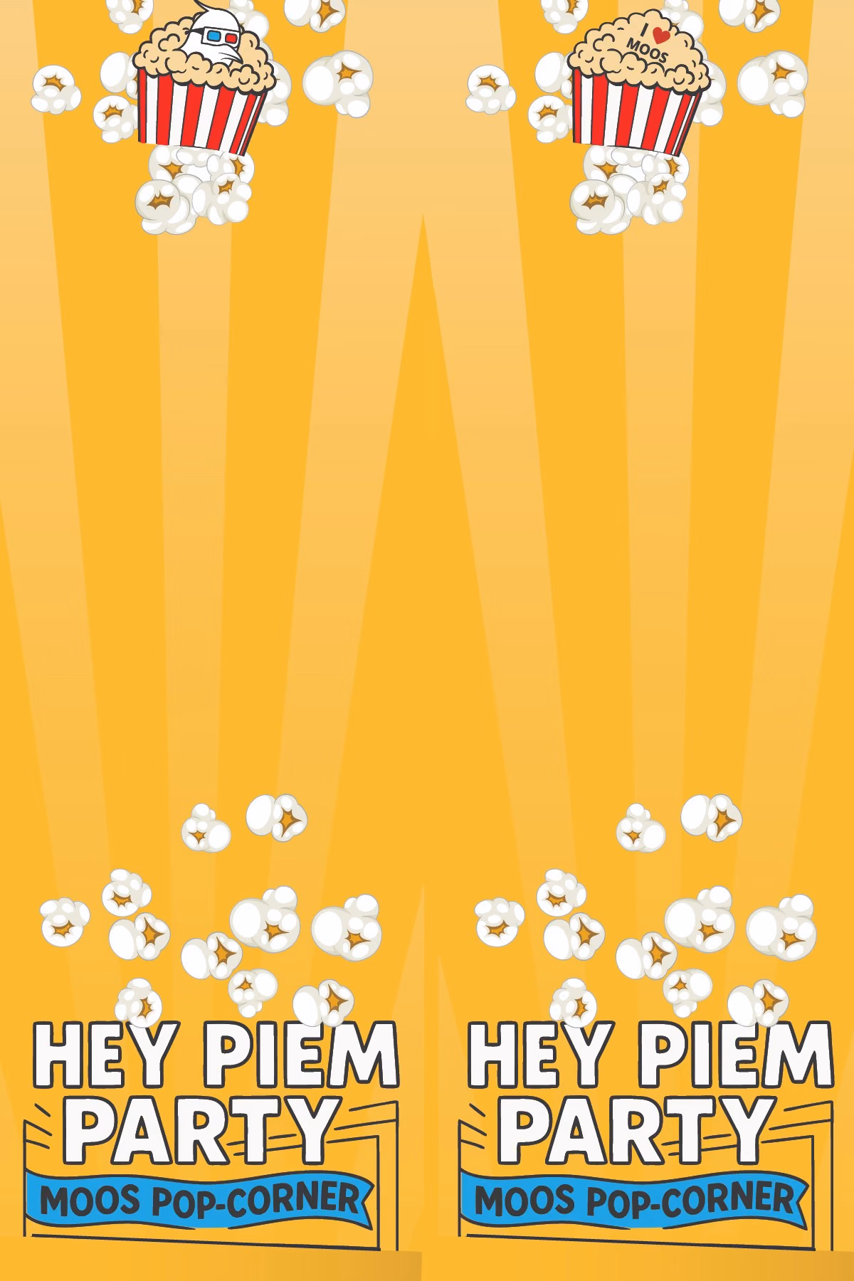 Voorbeeld Hey Piem Party: Gele achtergrond met popcorn en een popcornbak, met de tekst Hey Piem Party en Moos Pop-corner.