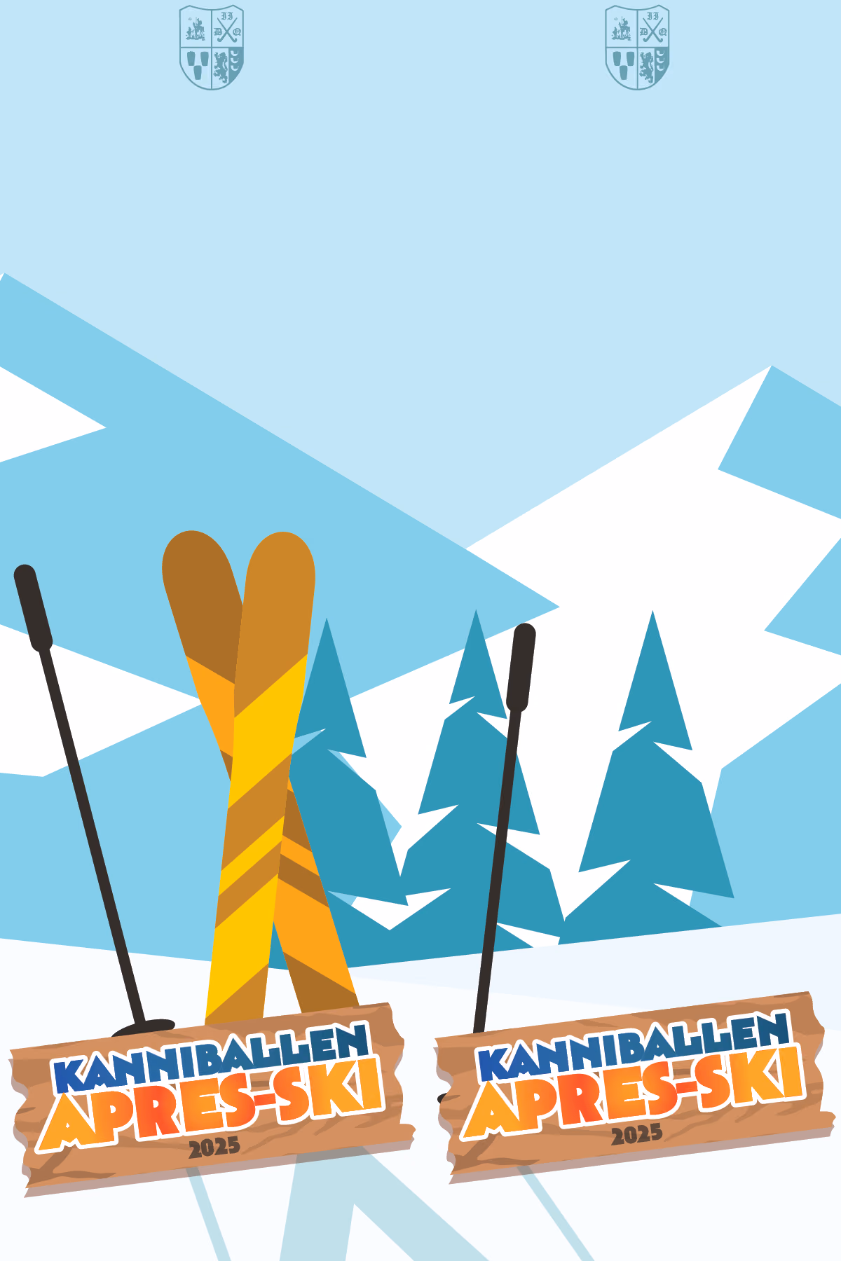 Voorbeeldstrip Kanniballen Après-ski: bergen, dennenbomen en ski’s met een houten bord.