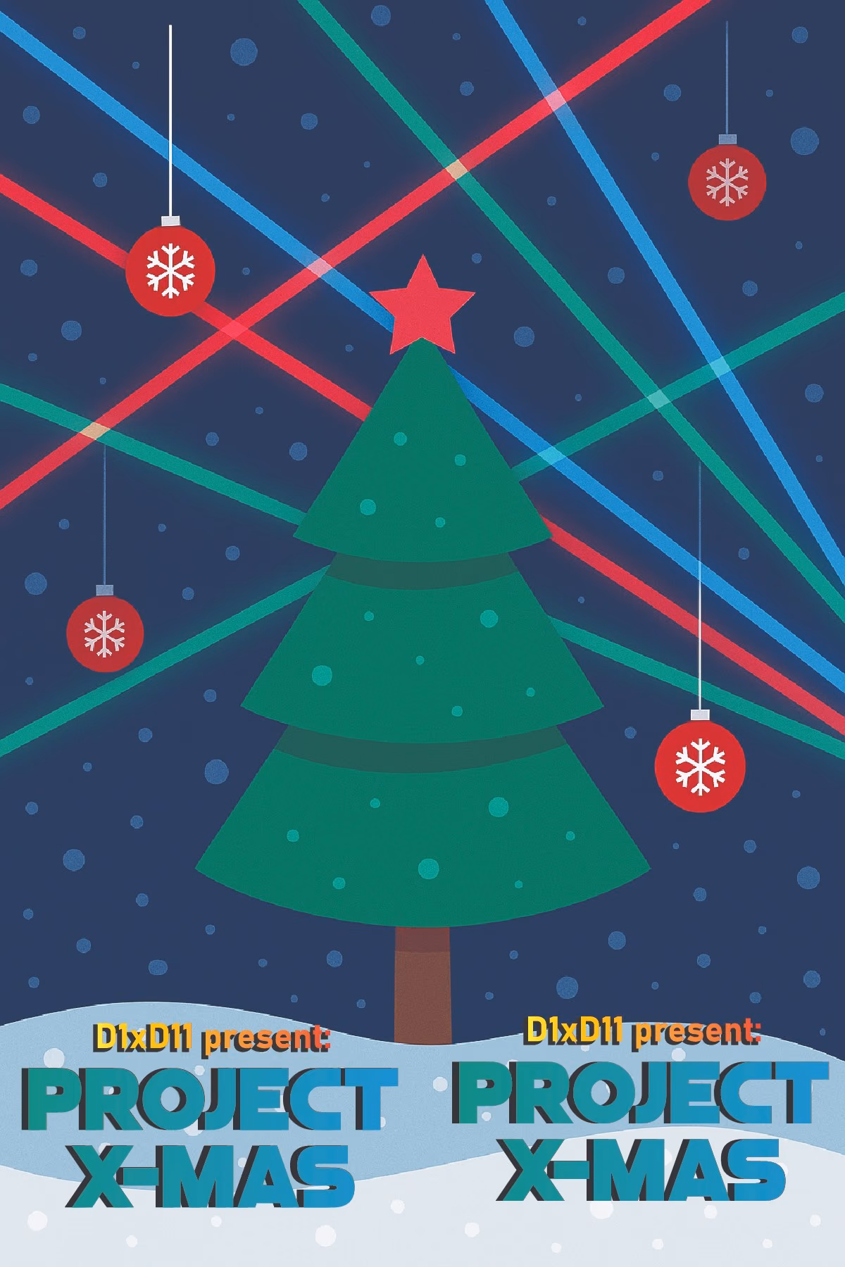 Voorbeeldstrip Project X-mas: een kerstboom met laserstralen op een donkerblauwe nacht.